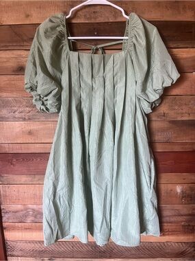 Puff-Sleeve Square Neck Mini Dress in Sage Green